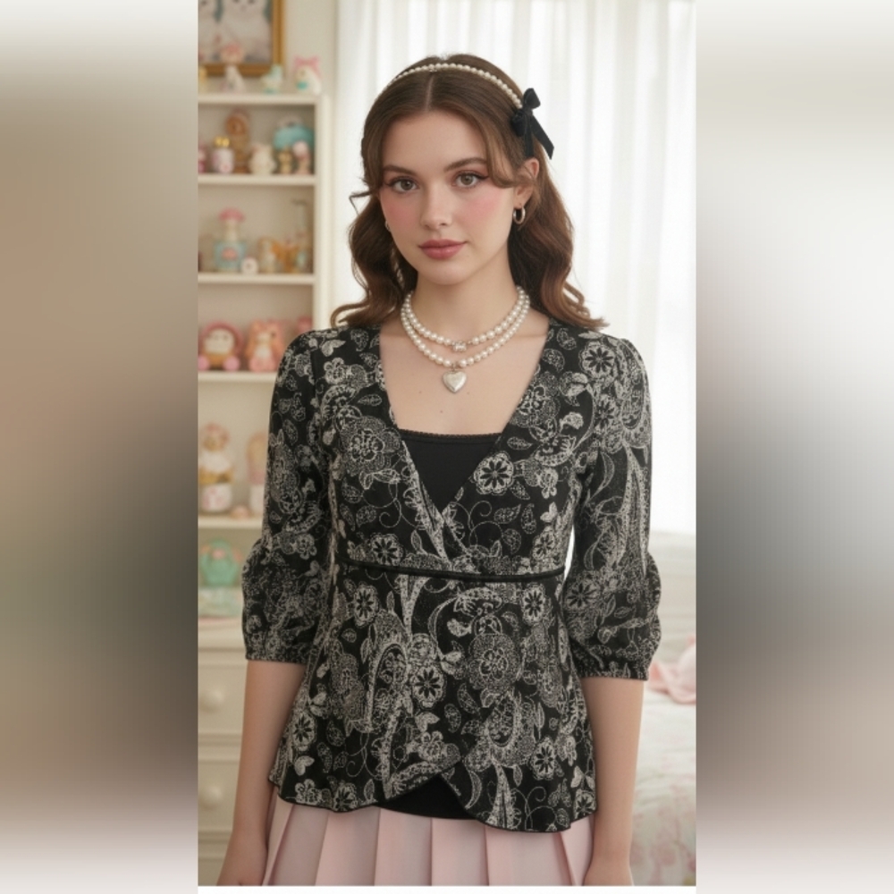 Style Co Womens Y2K Fairy Babydoll Top MP Mesh Floral Bow Layered Twee Artsy